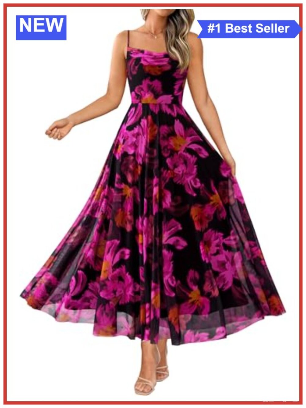 Elegant Floral Maxi Dress Long Sleeve Cowl Neck A-Line